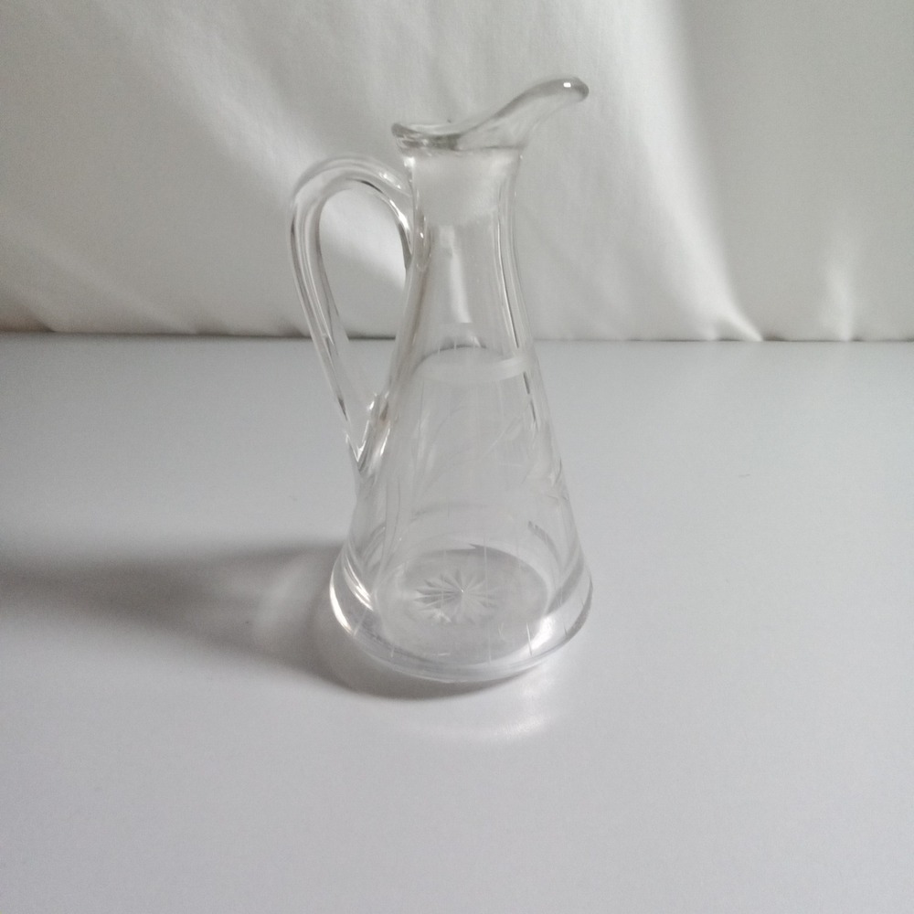 Vintage Etched Glass Cruet Pitcher Floral Wheat Pattern Clear Glass 6.5 inch